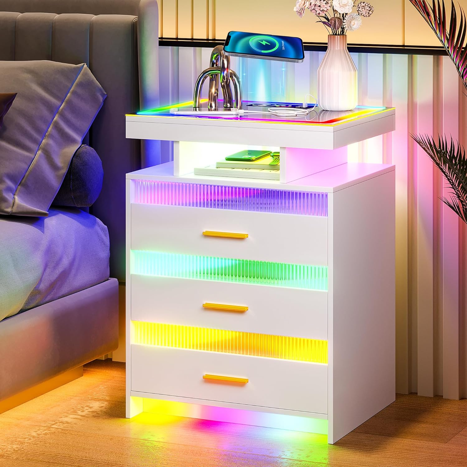 RGB LED Nightstand with Wireless Charging Station Modern Bedside Table