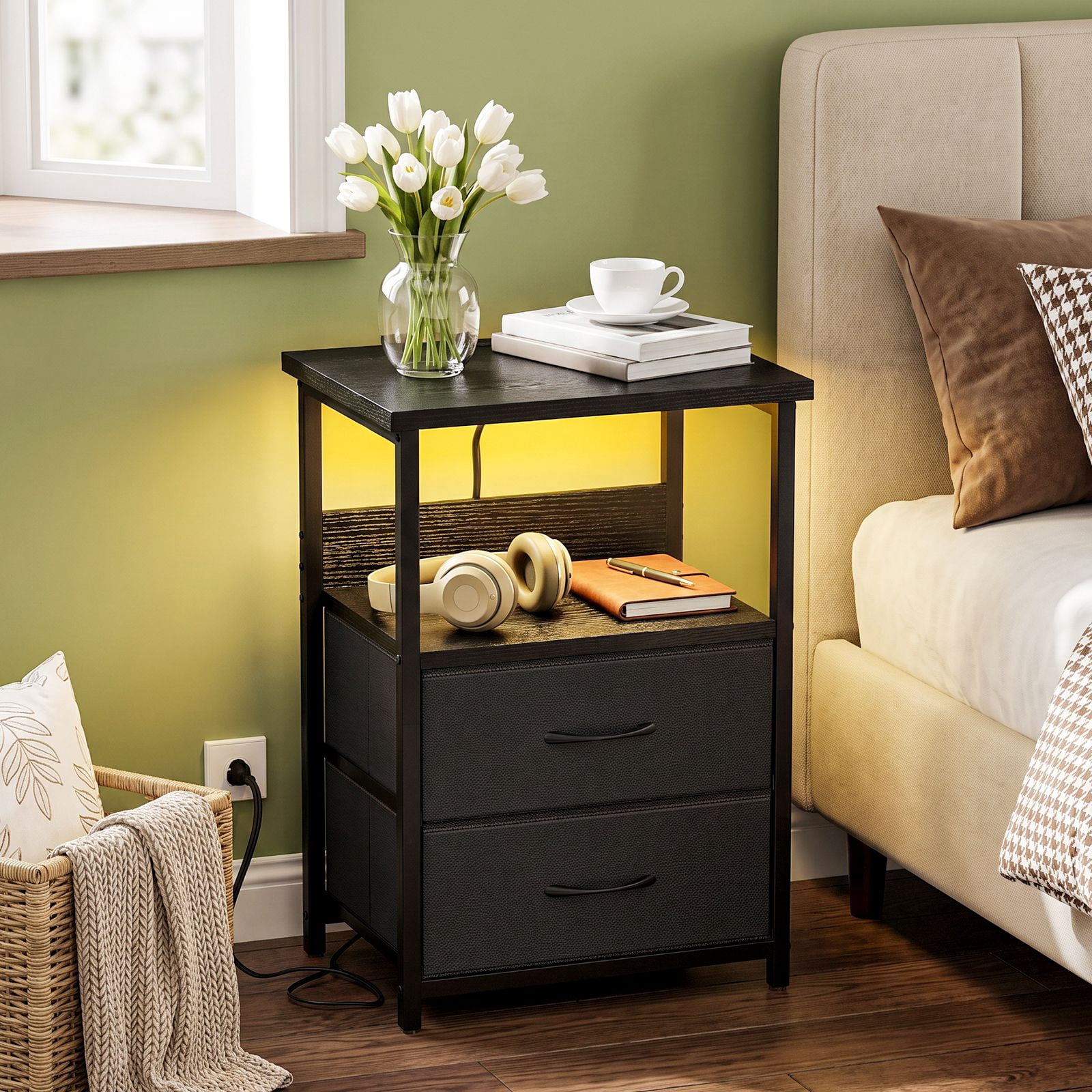 RGB LED Nightstand with Charging Station, 2 Fabric Drawers and Open Shelf, Particle Board and Steel Frame Bedside End Table for Bedroom