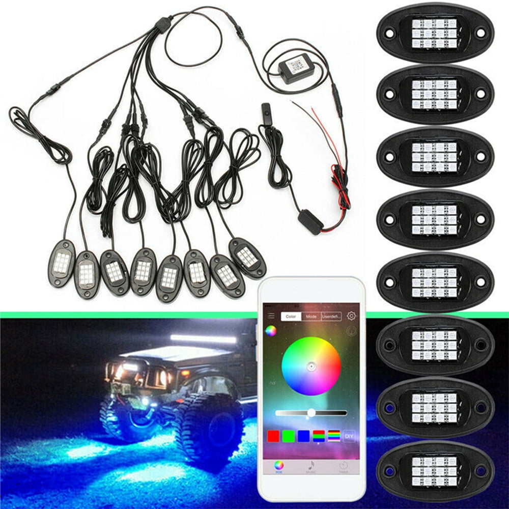 RGB LED Rock Lights with Bluetooth Controller Underglow Light Phone App/Remote Control Timing Flashing Music Multicolor Neon LED Light IP67 Waterproof for Cars Off Road SUV ATV Vehicles (8 Pods)