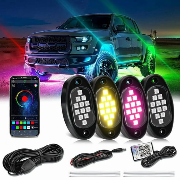 RGB LED Rock Lights, Multifunction Neon Underglow Waterproof Light with APP Control Multicolor Lights for ATV UTV SUV,B