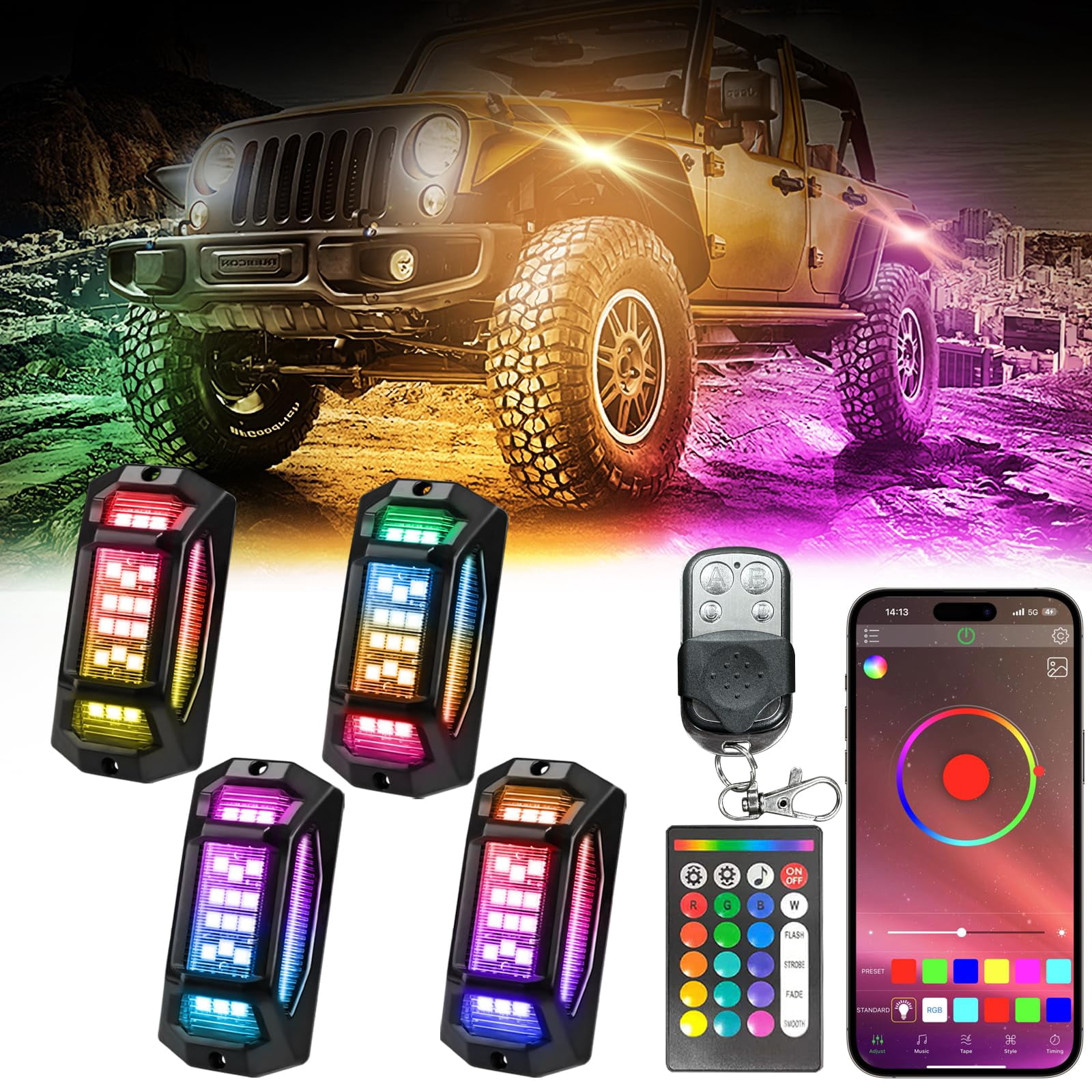 TigerClaw Vehicle Rock Lights, RGB LED Car Underbody Light Kit With Remote And App Control For Trucks Suvs And Jeeps