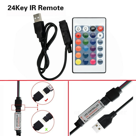 RGB LED Strip Controller | 24 Key IR RF Remote | USB Powered | 3528 5050 SMD Compatible | 5-24V DC Input Output | Common Anode | Multi-Color Lighting | Adjustable Brightness