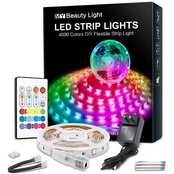 RGB LED Strip Lights 16.4ft for Decoration, Bright 4096 DIY Colors Rope Lights with Memory Function, 30mins Timing, Self-Adhesive Color Changing Light Strip with Remote