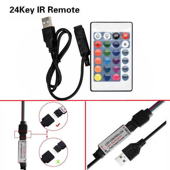 RGB LED Strip Lights with Remote Controller, 24-Key IR RF Remote, 3528 5050 SMD, USB Powered, 12V DC, for Home Decoration, Bedroom, Kitchen, Party, Gaming Setup, TV Backlight, Ambient Lighting