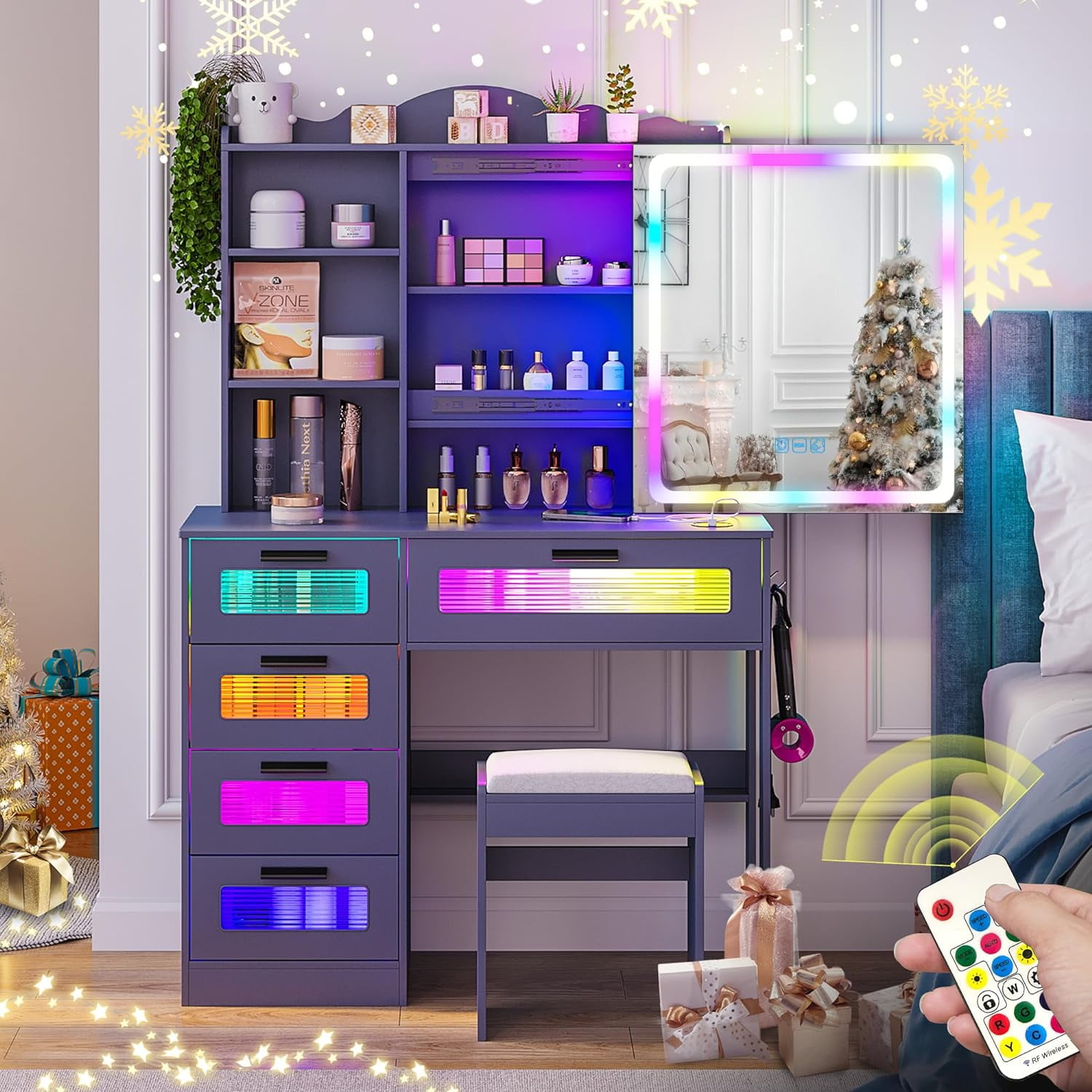 RGB LED Vanity Desk with Mirror and Lights, Makeup Vanity Desk with 3