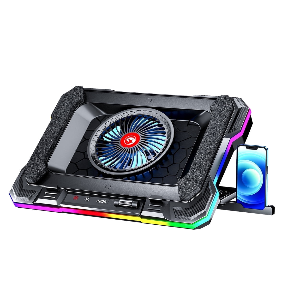 Marvo RGB Laptop Cooling Stand, 140 mm Fan, 7 Adjustable Angles, 10 RGB Modes, Dual USB 2.0 Ports, Fits 14-19 Inch Laptops for Gaming and Office Use