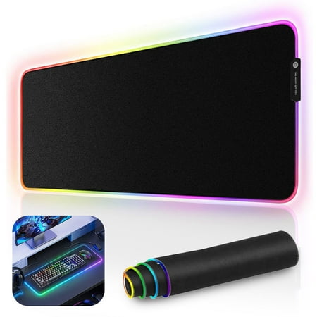RGB Large Gaming Mouse Pad, TSV Extended Thick LED Keyboard Pad with 9 Lighting Modes, Anti-Slip Waterproof Oversized Computer Mouse Pad Mat, XXXL/30.7x11.8inch, Black