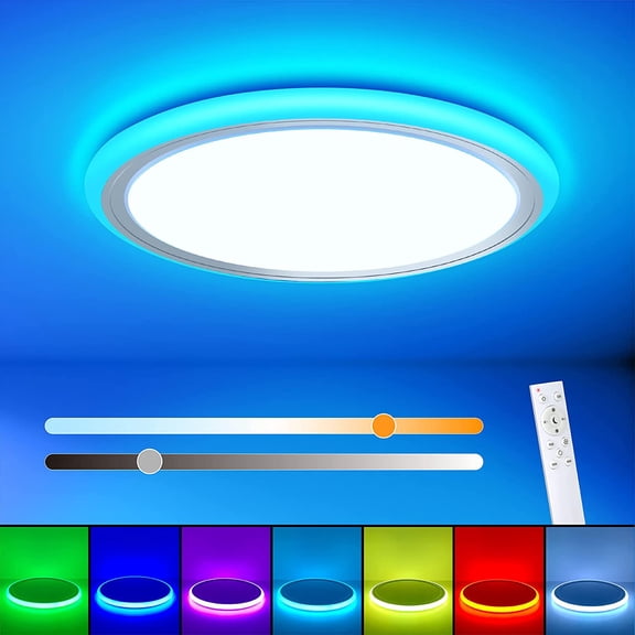 RGB Led Flush Mount Ceiling Light with Remote Control, 13Inch 24W 2400LM 3000-6500K Dimmable Color Changing Light Fixture, Round White Ceiling Lamp for Bedroom Kids Room Party Festival