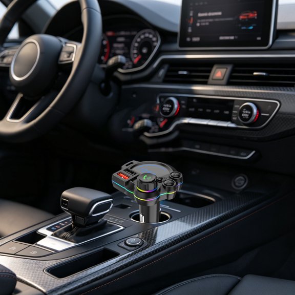 RGB Light Dual USB QC3.0 Car Bluetooth FM Transmitter Adapter,Dual Port Fast Charging Hands-Free Call FM Radio Modulator,For All Vehicle Cigarette Lighter Socket-(Black)