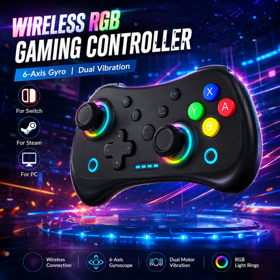 RGB Light PC Controller, Wireless Classic Retro for Switch, Switch2, PC, Steam, 6-Axis Gyro, Dual Vibration Motors, LED Ring Light, Rechargeable Gamepad Joystick with Turbo Function