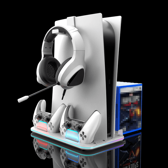 RGB Light and 3 Levels Turbo Cooling Station with Controller Charging Station for PS5/SLIM Digital/Disc with Headset Holder