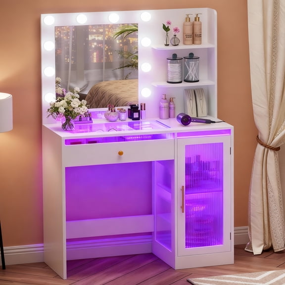 RGB Makeup Vanity Desk with Mirror and Lights, Tempered Glass Top Vanity Table with Drawer & Cabinet, Power Outlet, Wooden Bedroom Dressing Table for Women, White KES011WSZT