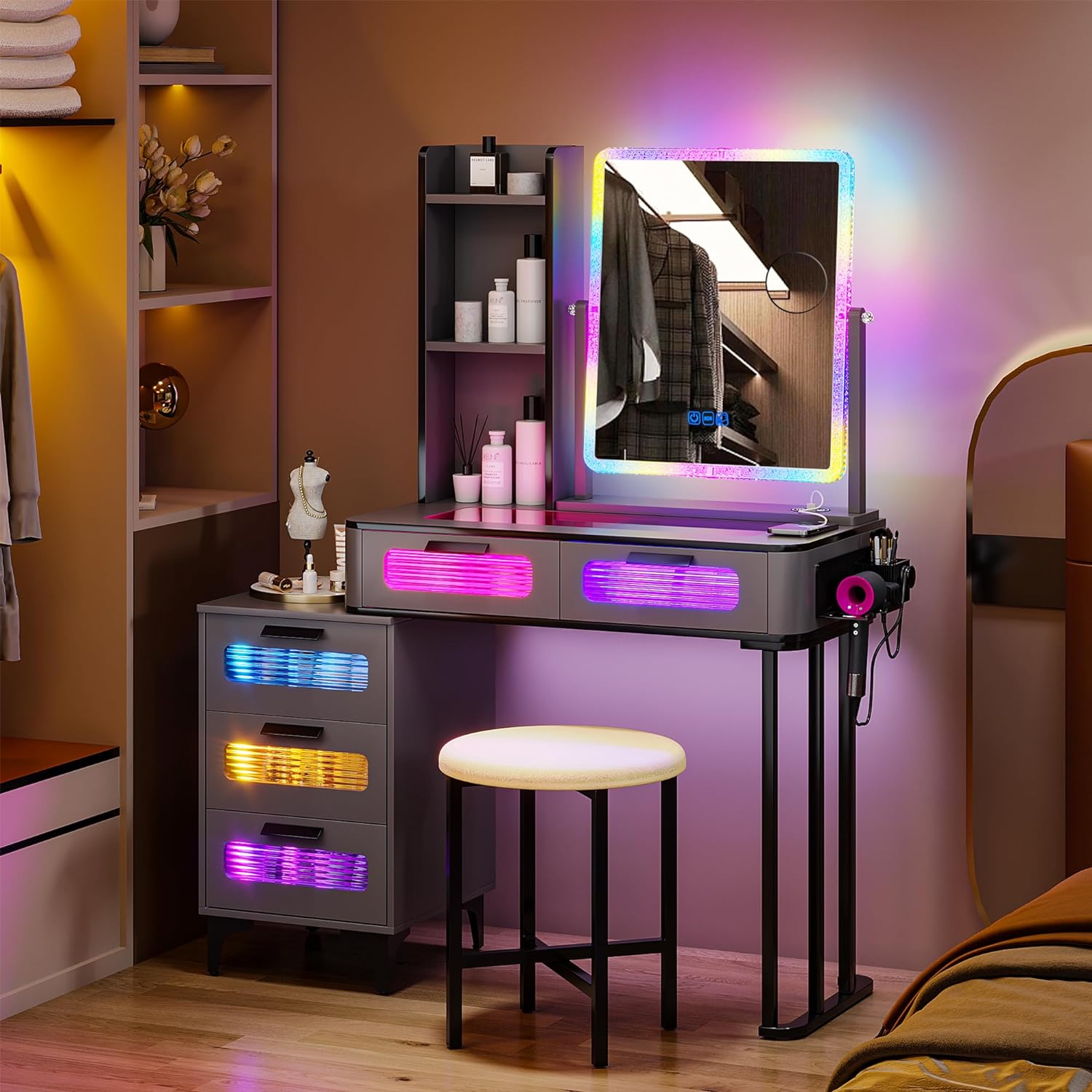 RGB Makeup Vanity Table with Wireless Charging Station,LED Vanity Make