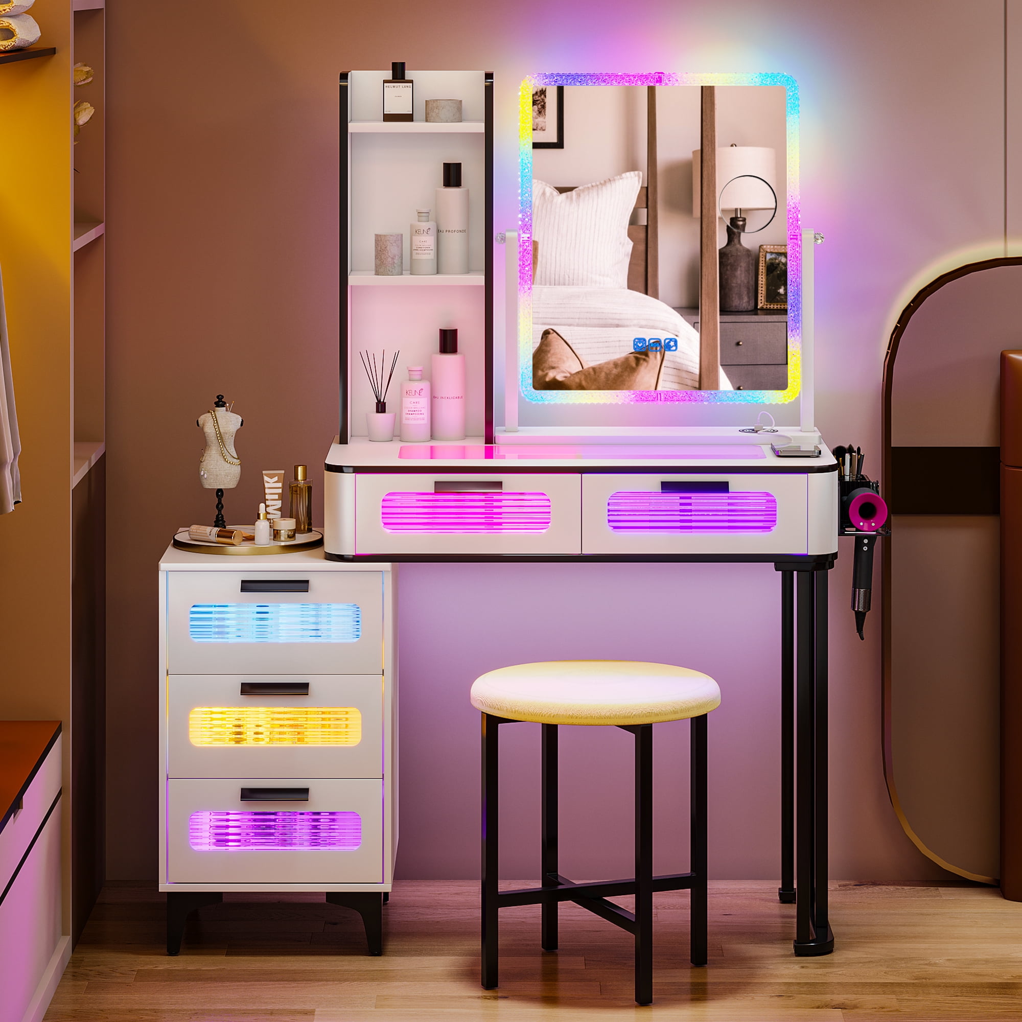 RGB Makeup Vanity Table with Wireless Charging Station,LED Vanity Make