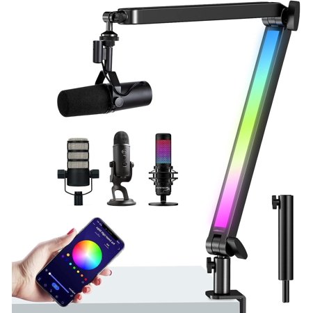 RGB Microphone Stand Boom Arm Compatible for Fifine, HyperX QuadCast 1/2 / QuadCast S/SoloCast, Shure SM7B / MV7, Blue Yeti, Rode, Shure, Razer, Gaming Mic and Most Microphones using 3/8" to 5/8" Ada