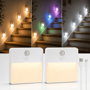 Rechargeable Stair Light Indoor, Motion Sensor Night Light with 7 Color & Stepless Dimming, Battery Night Light for Hallway,Bathroom,Toilet,Bedroom, 2-Pack