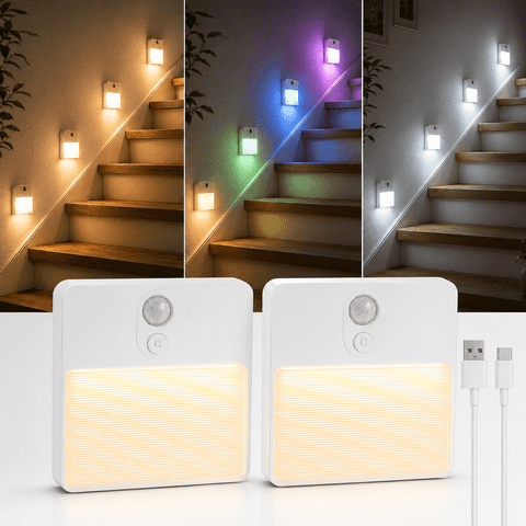 Rechargeable Stair Light Indoor, Motion Sensor Night Light with 7 Color & Stepless Dimming, Battery Night Light for Hallway,Bathroom,Toilet,Bedroom, 2-Pack