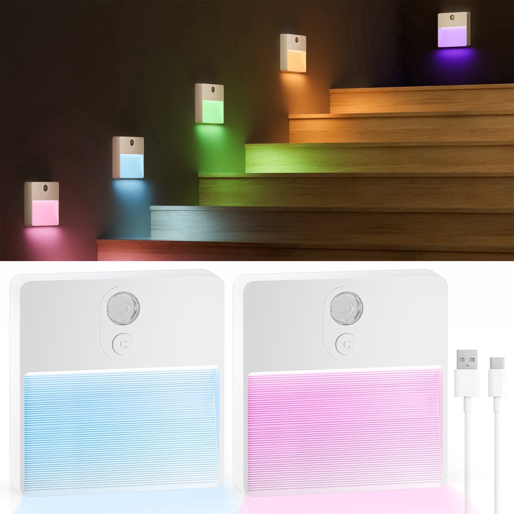 Motion Sensor Night Light Indoor, Rechargeable LED Night Light with 7 Colors & Stepless Dimming, Motion Activated Battery Operated Stair Lights Indoor for Bedroom, Hallway, Kitchen, Bathroom, 2 pack