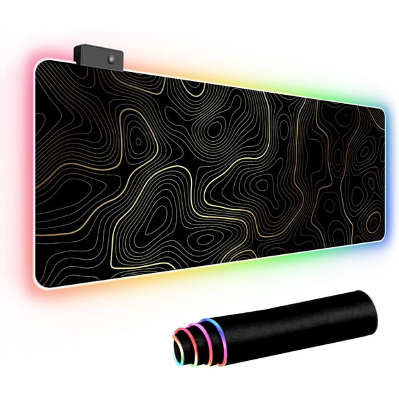 RGB Mouse Pad LED Desk Mat Large Gaming Mousepad Black and Gold Line Design, Keyboard Pad XL Mouse Mat for Home and Office (Black with Gold Topographic Line)