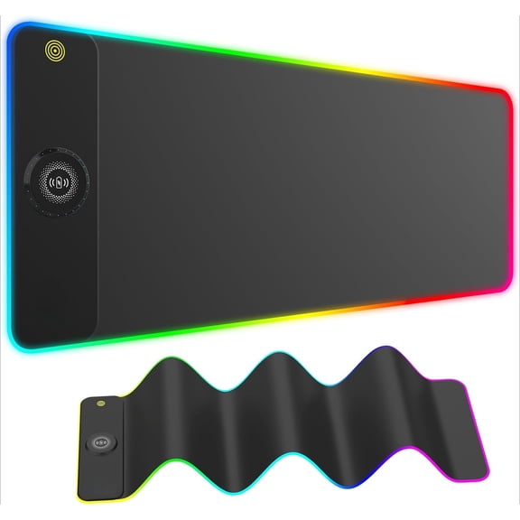 RGB Mouse Pad Wireless Charging Desk Mat, LED Gaming Mouse Mat 800x300x4mm, 10 Light Modes, Waterproof, Non-Slip Rubber Base, Keyboard Pad for PC, MacBook Laptop