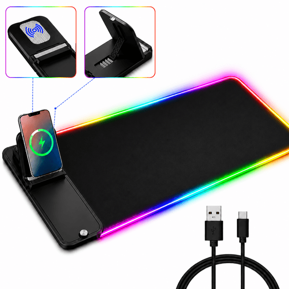 RGB Gaming Mouse Pad with Wireless Charging 15W,Large Laptop Led Mouse Pad,6 Light Modes Keyboard Pad with Phone Holder & Non-Slip Rubber Base,Waterproof Mousepad for Gaming Home Office
