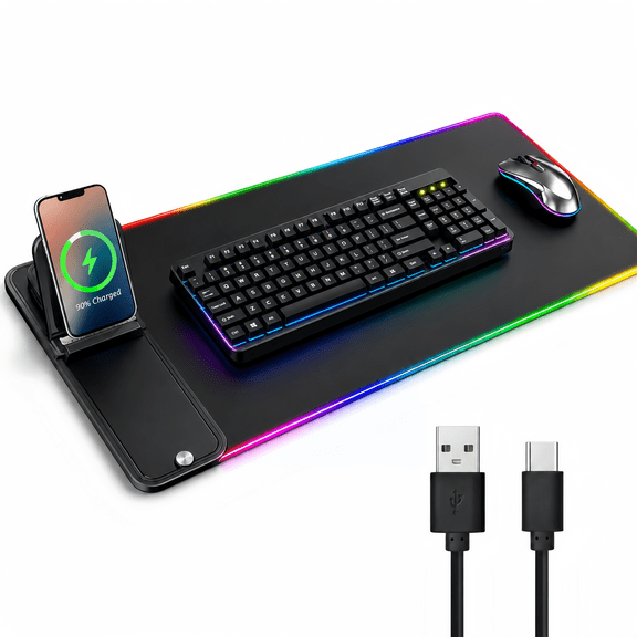 RGB Gaming Mouse Pad with Wireless Charging 15W,Large Laptop Led Mouse Pad,6 Light Modes Keyboard Pad with Phone Holder & Non-Slip Rubber Base,Waterproof Mousepad for Gaming Home Office