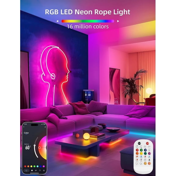 RGB Neon LED Strip Lights, 16.4Ft Led Neon Rope Lights with App Remote Control, Music Sync, Indoor IP65, Waterproof, Flexible DIY Lights Design for Bedroom, Living, Gaming Room, Party Decor