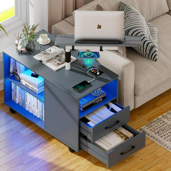 RGB Nightstand with Wireless Charging Station, Smart End Table with 24-Color LED Lignts, Modern Night Stand with 360° Laptop Tray, Large Side End Table with Open Shelf, Wheel for Bedroom