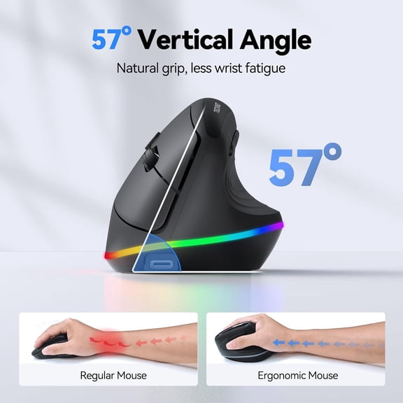 RGB Rechargeable Wireless Ergonomic Mouse - USB+Bluetooth Multi-Device LED Vertical with 11 Backlight Modes 4800 DPI Adjustable Ergo Mice for Windows and Mac Black