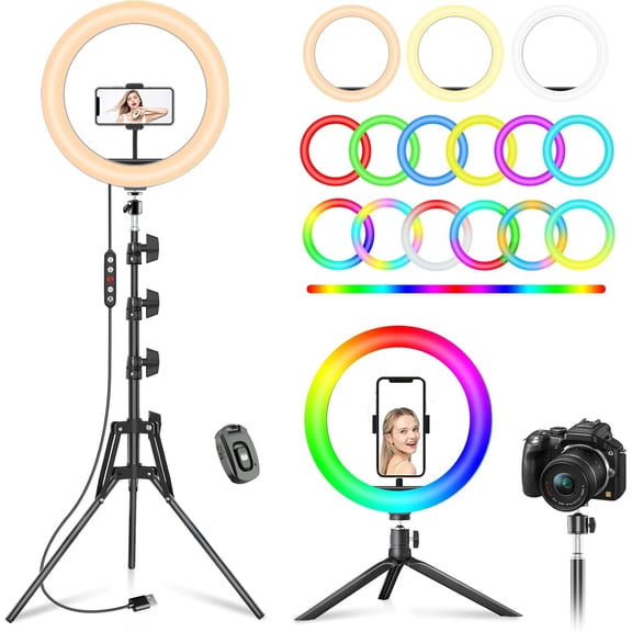 RGB Ring Light Kit with Flexible Hose & Ball Head, 152.4cm Reverse Foldable Light Stand, Mini Tripod, Phone Clamp & Bluetooth Selfie Remote for Live Streaming Makeup Vlog