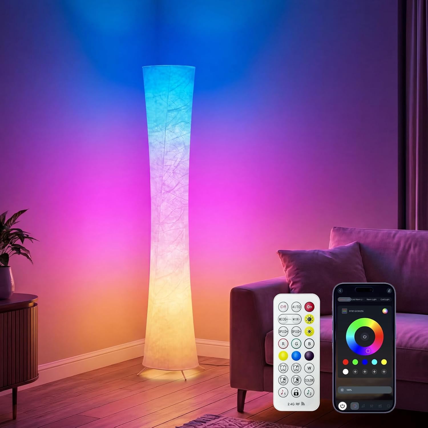 RGB Round Floor Lamp, 61'' Smart LED Corner Lamp with App and Remote ...