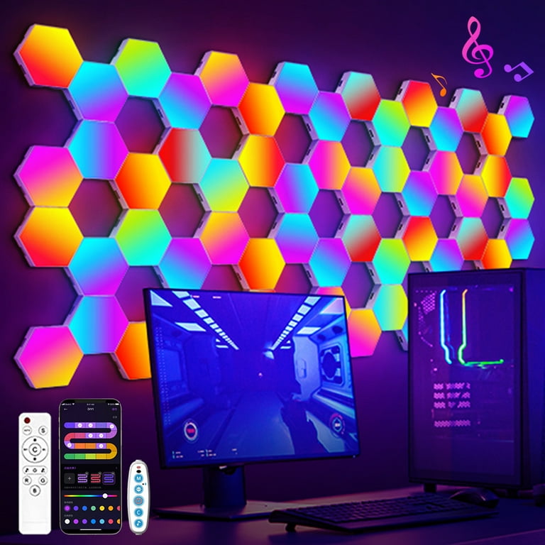Ymtq RGB Smart Hexagonal Wall Lamp Color Changing Ambient Night Light DIY Shape Music Rhythm App for Game Room Bedroom intelligent 8 Pack