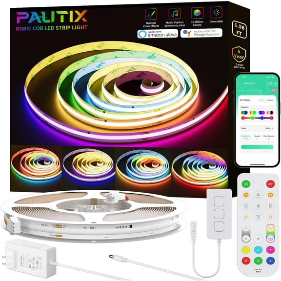 RGB Smart IC COB LED Strip Lights,6.56ft/2m Addressable UL-Listed 24V Chasing Color Flexible Tape Light Multicolor,Work with Alexa/Google Assistant,for Cabinet,TV,Bedroom,Party DIY Decoration