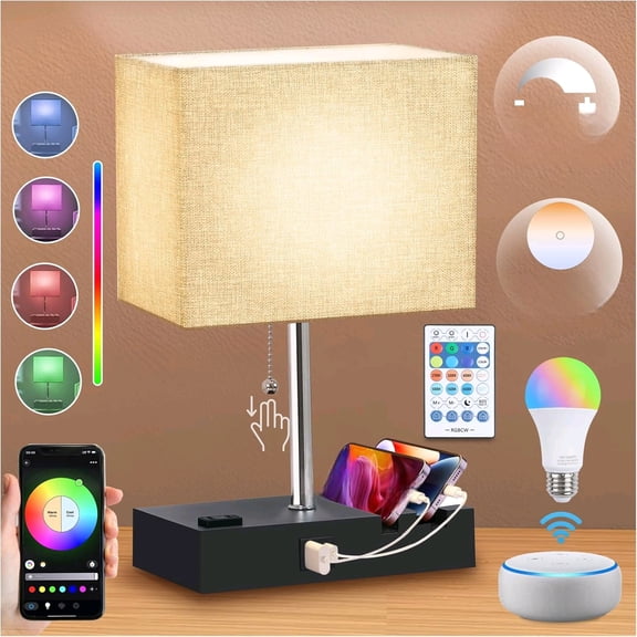 RGB Smart Table Lamp with Remote Control - Alexa Lamp for Bedroom with Voice & APP Control & Music Sync, Dimmable Nightstand Lamp with Charging Station for Living Room, Alexa Bulb Included