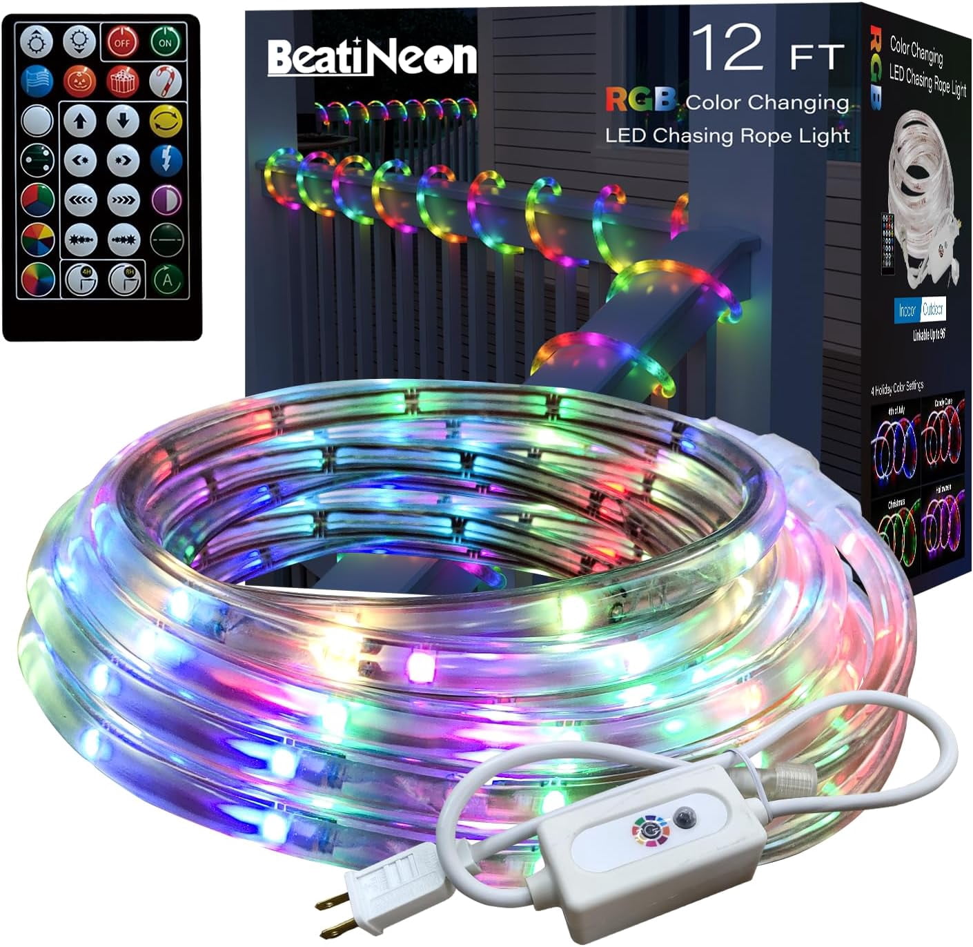 RGB Strip Lights with IR Remote Control, 12FT RGB LED Outdoor Rope ...