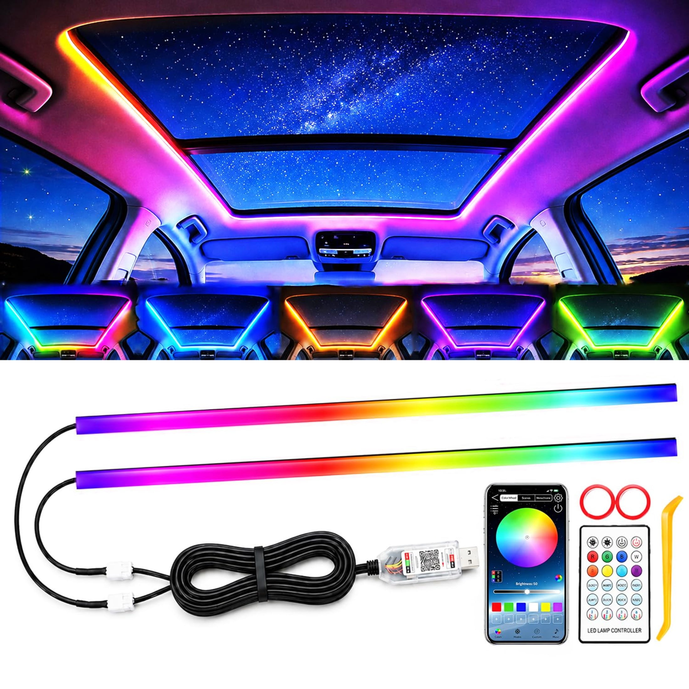 RGB Sunroof Ambient LED Light Bar Car Multicolor Light Strip Neon ...
