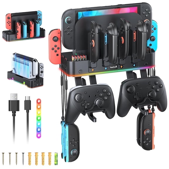 RGB Switch 2 Wall Mount with Joy-Con Charger, Switch Holder for Nintendo Switch 2/1/ OLED with Switch Organizer, Switch Accessories with 15 Light Mode, 4 Controller Charger, 2 USB Port, 10 Card Slot