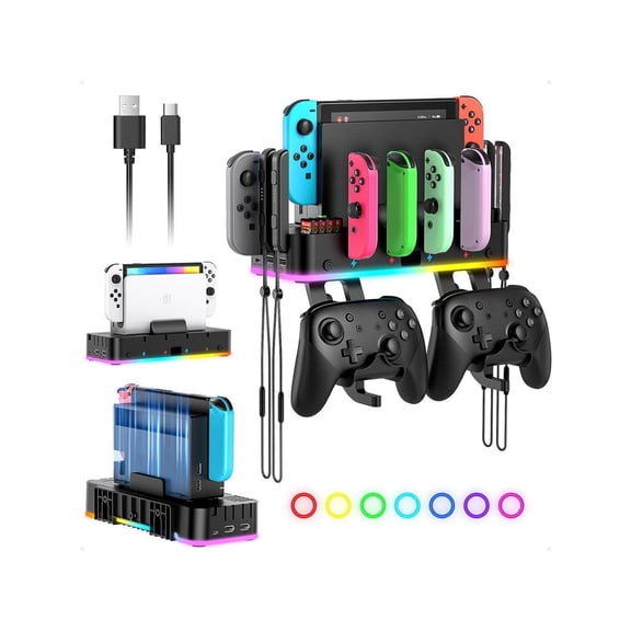 RGB Switch Wall Mount with Joy-Con Charger, Switch Holder for Nintendo Switch / OLED with Switch Organizer, Switch Accessories with 15 Light Mode 4 Controller Charger, 2 USB Port 10 Card Slot