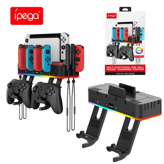 RGB Switch Wall Mount with Joy-Con Charger, Switch Holder for Switch / OLED with Switch Organizer, Switch Accessories with 15 Light Mode, 4 Controller Charger, 2 USB Port, 10 Card Slot Black