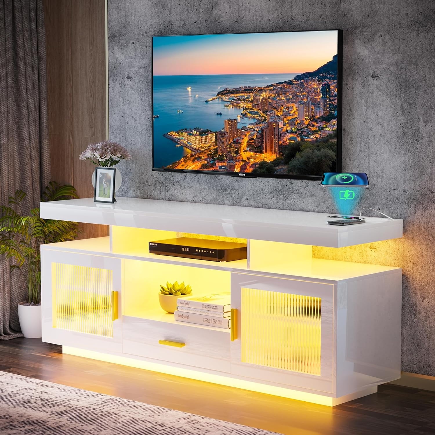 RGB TV Stand with Wireless Charging Station for TVs up to 75 Inch Human Sensor LED TV