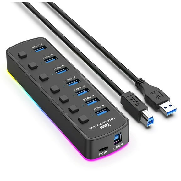 RGB USB 3.0 Hub 7 Ports USB Port Adapter 5Gbps Individual On/Off Switch Splitter Gamin y14077