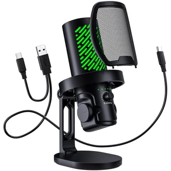RGB USB Condenser Microphone for Gaming Streaming Podcast - Cardioid with Touch Mute & Noise Reduction, Dynamic RGB Lights, Gain Knob, Headphone Monitoring, Plug and Play for PC Mac Phone$$Music