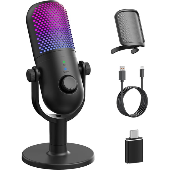 RGB USB Gaming Condenser Mic with Stand, Quick Mute, Desktop Podcast Recording Microphone for PC Laptop Streaming Singing Black