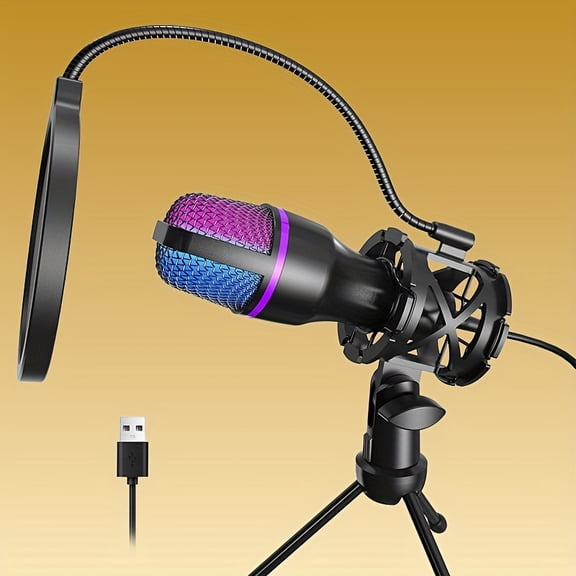 RGB USB Microphone with Tripod & Pop Filter, Condenser PC Gaming Mic for Streaming Podcast YouTube Skype, Studio Mic for PS4/5 PC Gamers & Content Creators