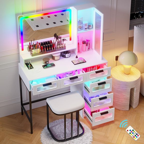 RGB Vanity Desk with Mirror and Lights, LED Vanity Makeup Desk with USB/Wireless Charger Station, Vanities Dressing Table Sets with 6 Drawers/Cabins/Stool/Shelves for Bedroom&Cloakroom,White