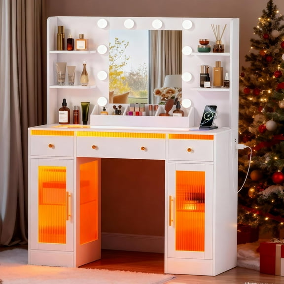 RGB Vanity Desk with Mirror and Lights, Tempered Glass Top Makeup Vanity Table with 3 Drawers, Power Outlet, 6 Shelves & 2 Large Translucent Cabinets, Bedroom Dressing Table, White KES012WSZT