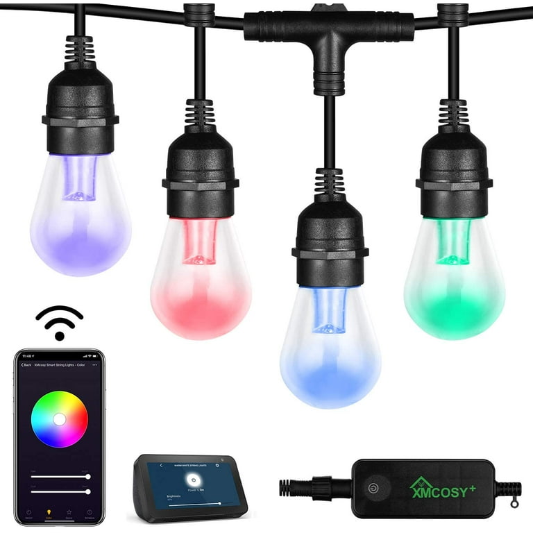 49FT Smart LED Outdoor String Lights RGB White 2.4GHz Wi Fi App Control Multi Color 15 LED Bulbs Waterproof Hanging Lights String for Outside Backyard Garden Party Walmart