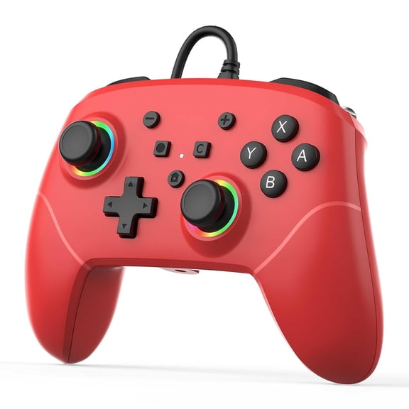 RGB Wired Pro Controller for 2 with 9-Axis Motion Sensing/C Button/Hall Effect Joysticks/LED Lit/Dual Vibration/Built-in Stereo Jack/Marco, Gamepad Fit /Lite/OLED/PC (Red)