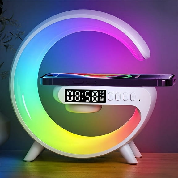 RGB Wireless Charger 3-in-1 Qi Charging Station -RGB Color-Changing Night Light, Wireless Speaker, Alarm Clock Desk Lamp, Adjustable Brightness, Snooze USB Port,Compatible with iPhone/Android/Samsung