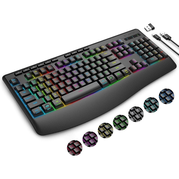 RGB Wireless Keyboard, 3-Mode (2.4G/BT/USB), 9 Effects Backlits, Light Up Letters, Rechargeable Ergonomic Computer Silent Keyboard with Wrist Rest for Windows, Mac, PC, Laptop, Games